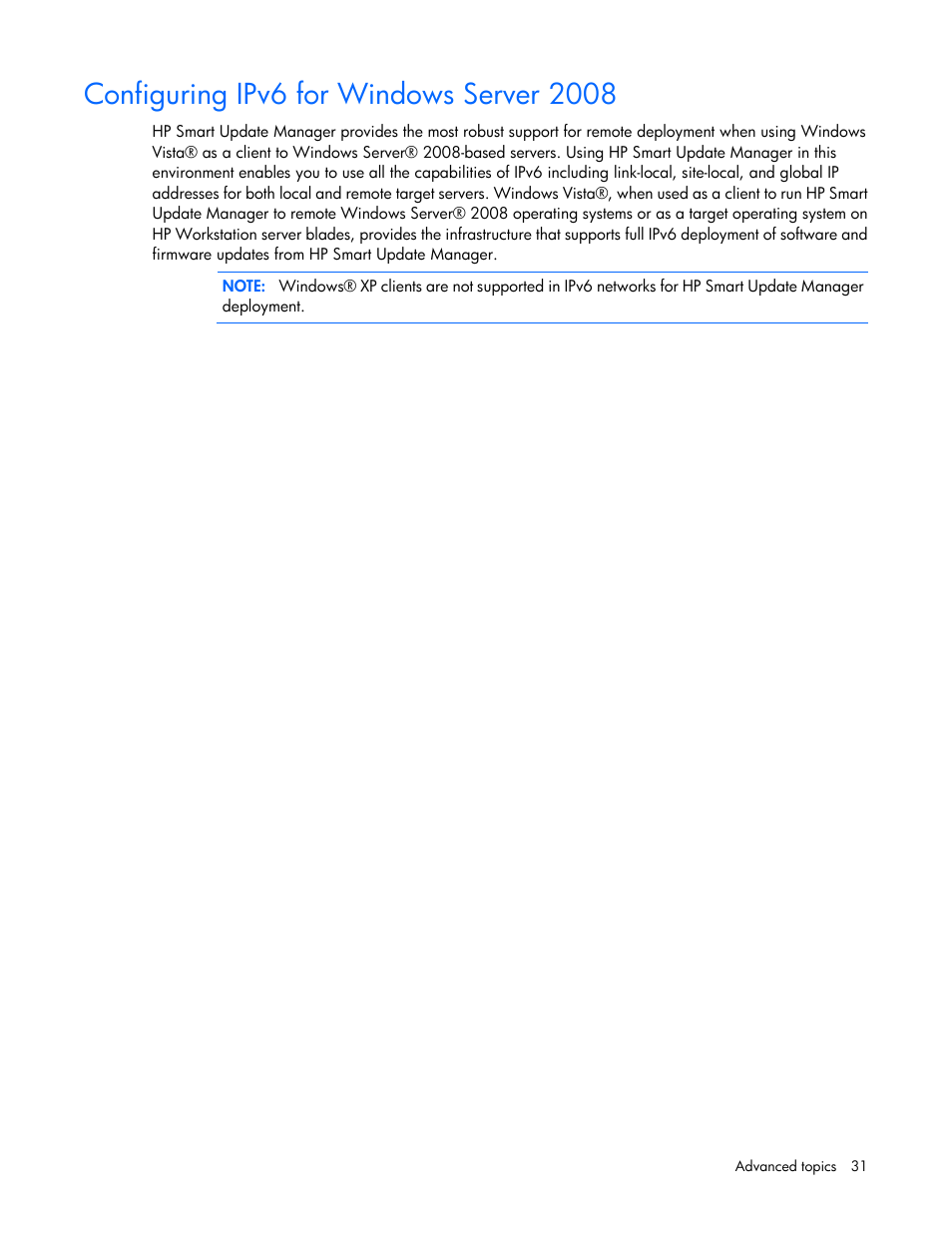 Configuring ipv6 for windows server 2008 | HP SmartStart-Software User Manual | Page 31 / 59