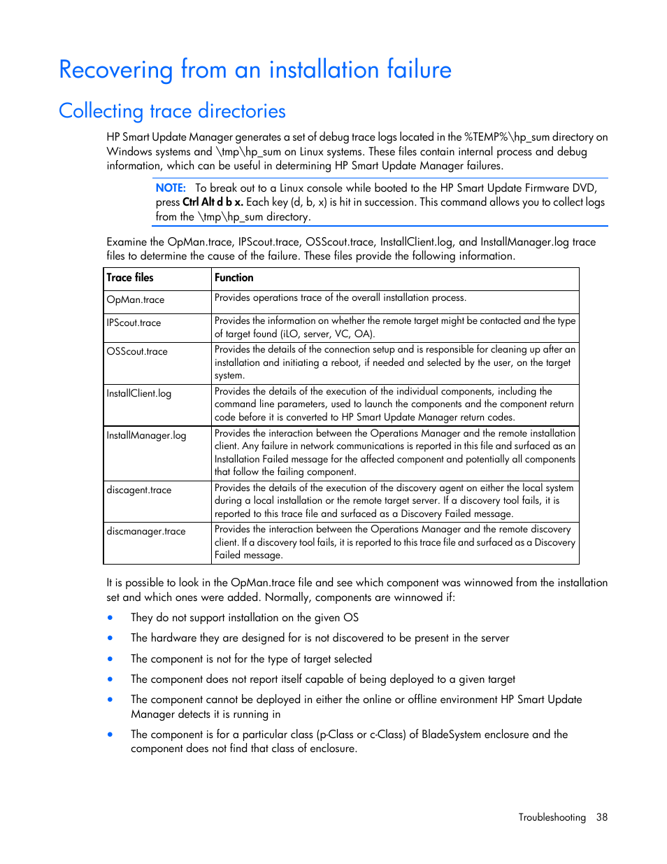 Recovering from an installation failure, Collecting trace directories | HP SmartStart-Software User Manual | Page 38 / 59