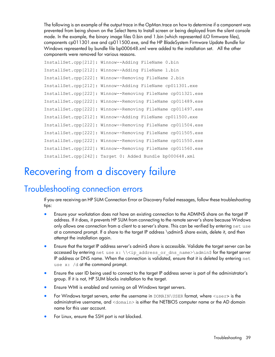 Recovering from a discovery failure, Troubleshooting connection errors | HP SmartStart-Software User Manual | Page 39 / 59