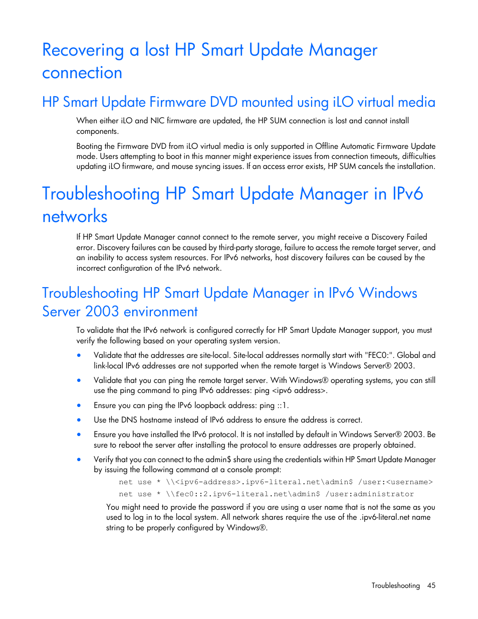 Troubleshooting hp smart, Update manager in ipv6 networks | HP SmartStart-Software User Manual | Page 45 / 59