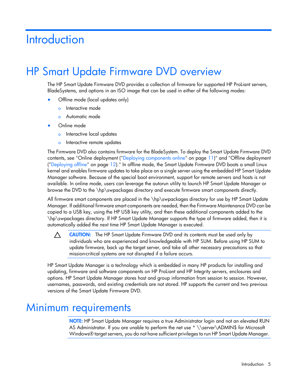 Introduction, Hp smart update firmware dvd overview, Minimum requirements | HP SmartStart-Software User Manual | Page 5 / 59