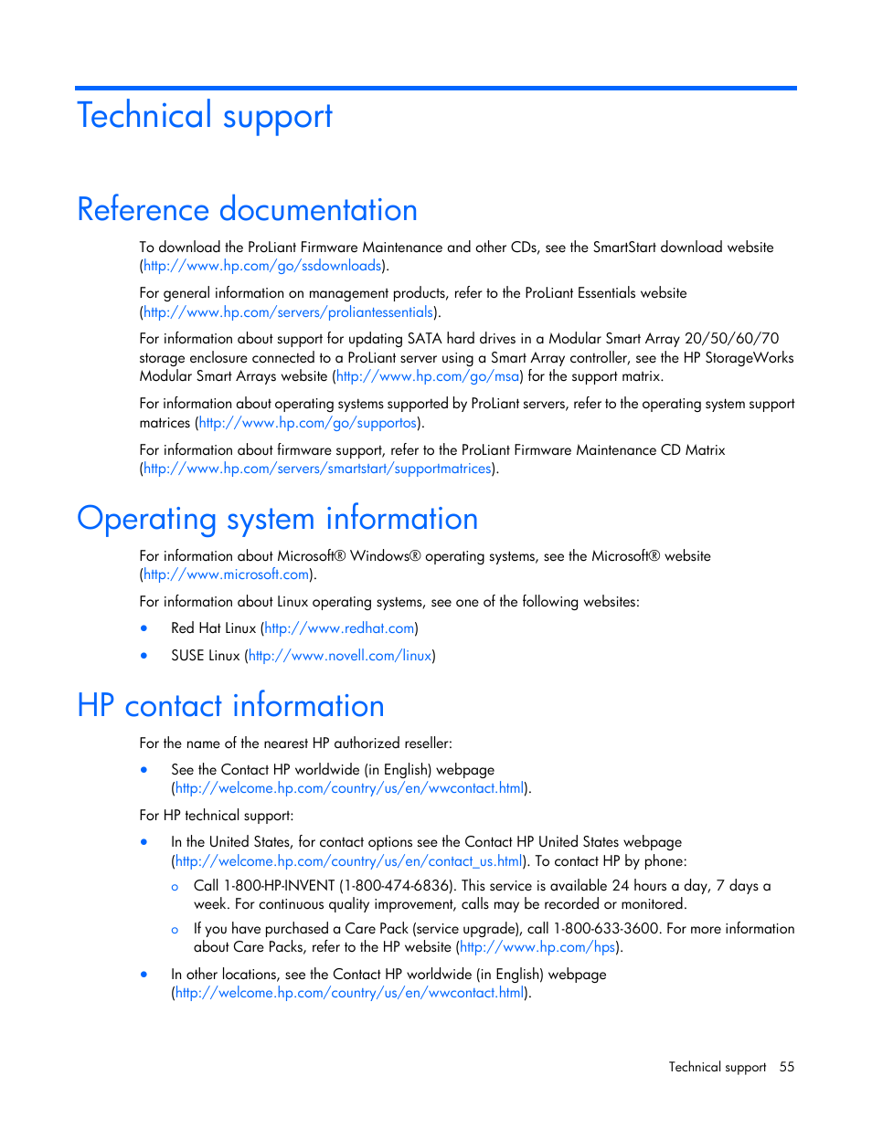 Technical support, Reference documentation, Operating system information | Hp contact information | HP SmartStart-Software User Manual | Page 55 / 59