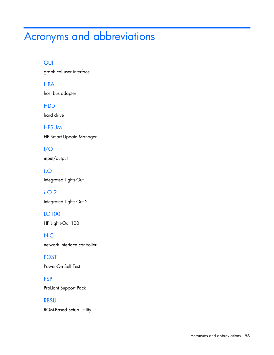 Acronyms and abbreviations | HP SmartStart-Software User Manual | Page 56 / 59