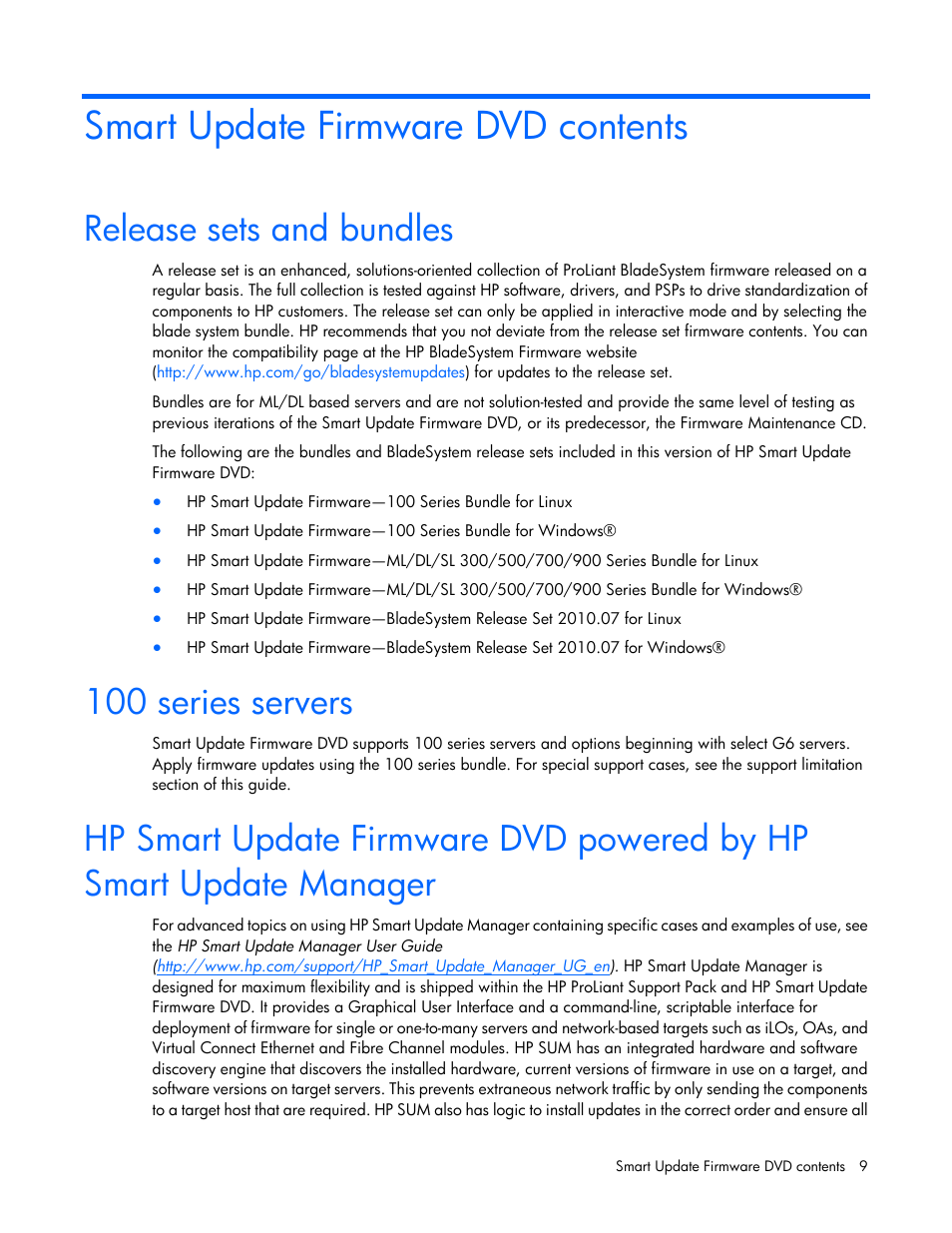 Smart update firmware dvd contents, Release sets and bundles, 100 series servers | HP SmartStart-Software User Manual | Page 9 / 59