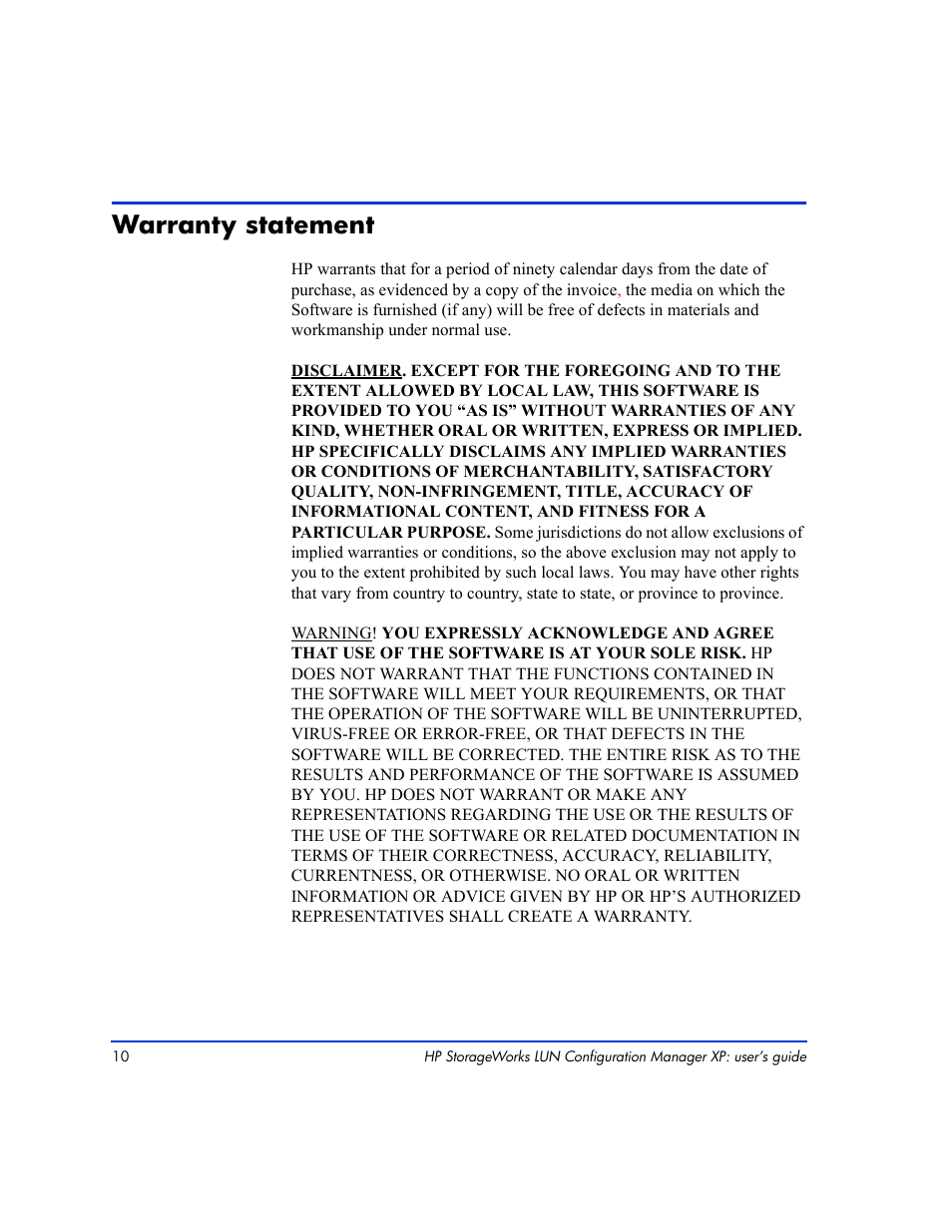 Warranty statement, Warranty statement 10 | HP LUN Configuration Manager XP Software User Manual | Page 10 / 144