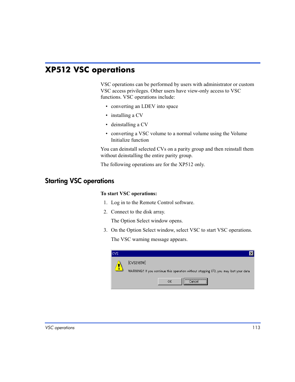 Xp512 vsc operations, Xp512 vsc operations 113, Starting vsc operations 113 | Starting vsc operations | HP LUN Configuration Manager XP Software User Manual | Page 113 / 144