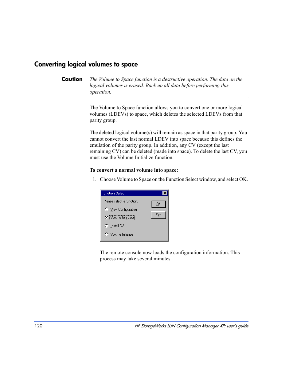 Converting logical volumes to space 120, Converting logical volumes to space | HP LUN Configuration Manager XP Software User Manual | Page 120 / 144