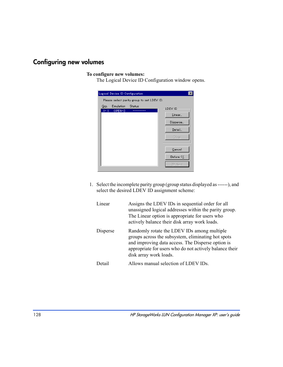 Configuring new volumes 128, Configuring new volumes | HP LUN Configuration Manager XP Software User Manual | Page 128 / 144