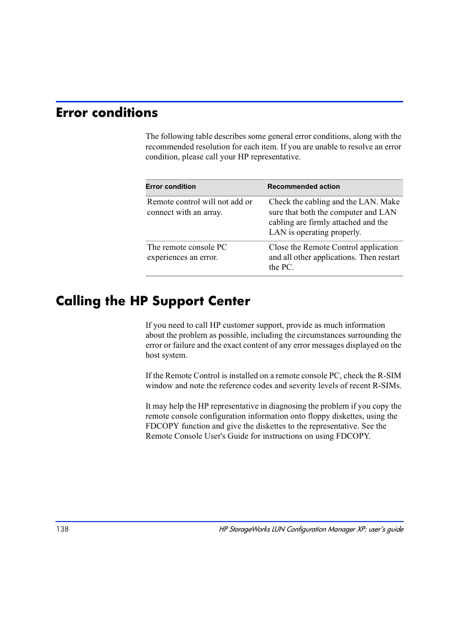 Error conditions, Calling the hp support center | HP LUN Configuration Manager XP Software User Manual | Page 138 / 144
