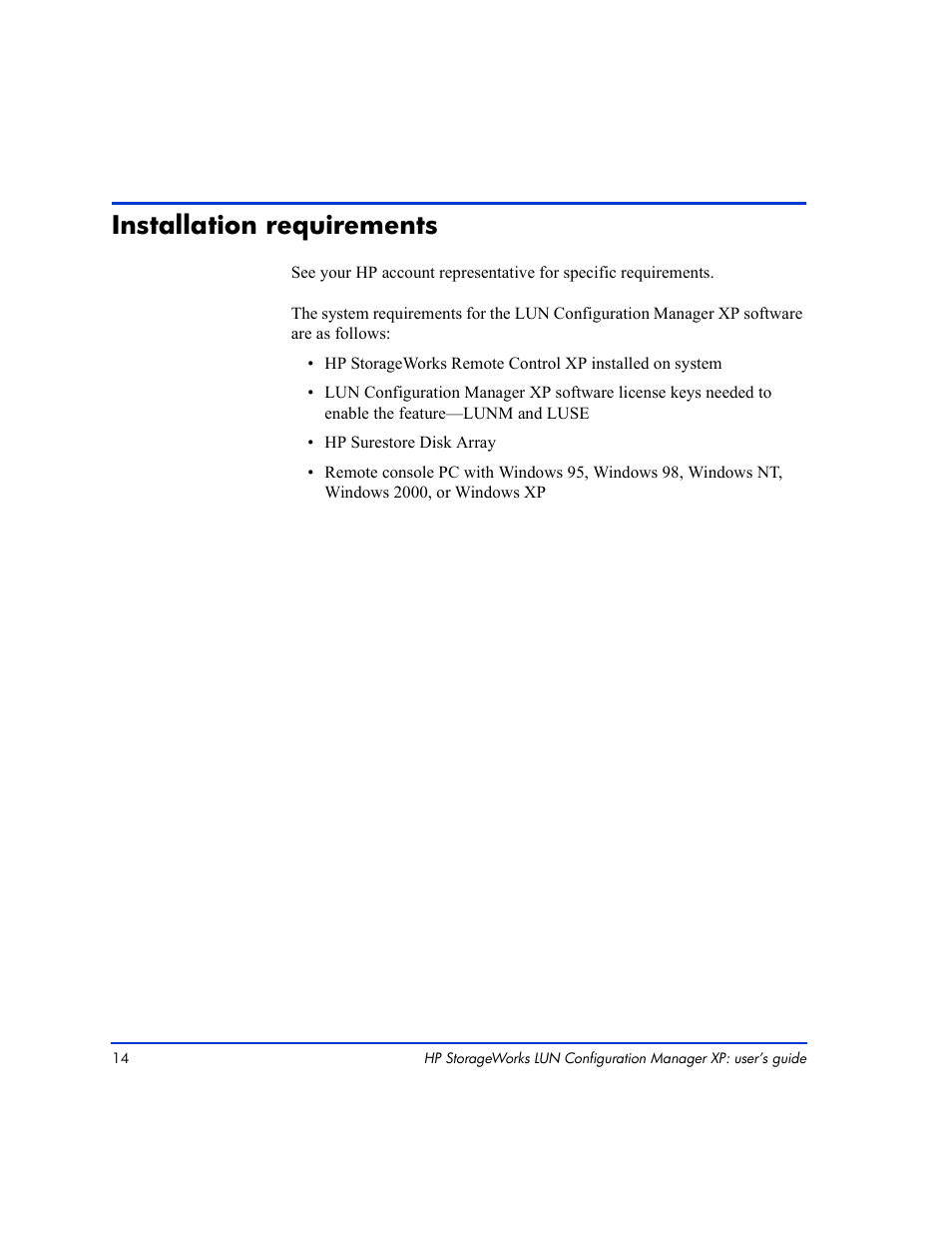 Installation requirements, Installation requirements 14 | HP LUN Configuration Manager XP Software User Manual | Page 14 / 144