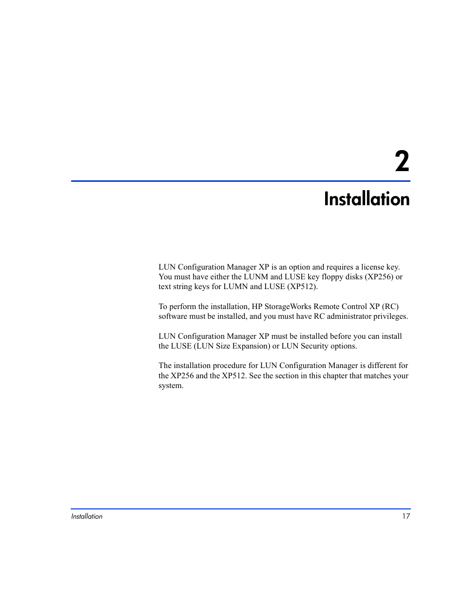 2 installation, Installation 17, Installation | HP LUN Configuration Manager XP Software User Manual | Page 17 / 144