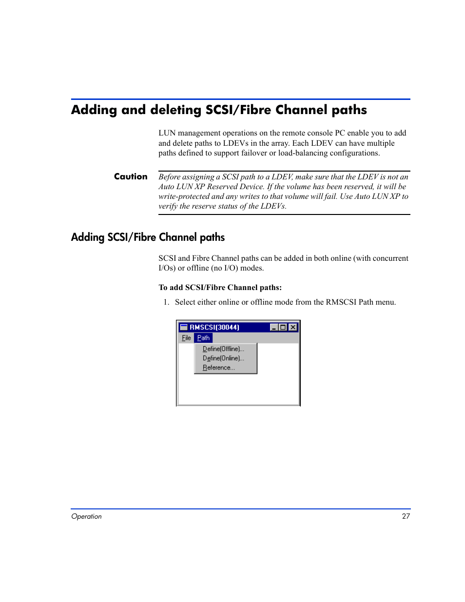 Adding and deleting scsi/fibre channel paths, Adding and deleting scsi/fibre channel paths 27, Adding scsi/fibre channel paths 27 | Adding scsi/fibre channel paths | HP LUN Configuration Manager XP Software User Manual | Page 27 / 144