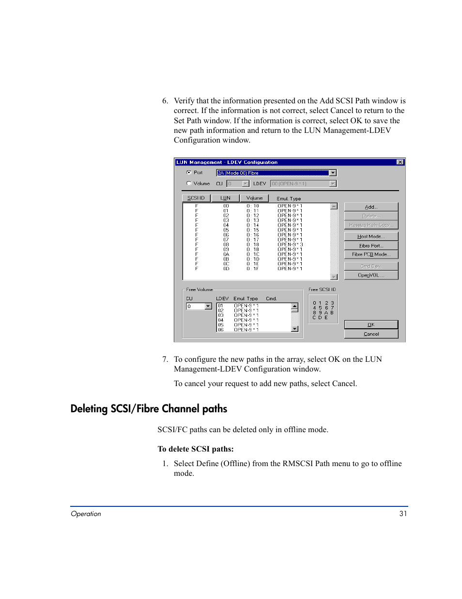 Deleting scsi/fibre channel paths 31, Deleting scsi/fibre channel paths | HP LUN Configuration Manager XP Software User Manual | Page 31 / 144