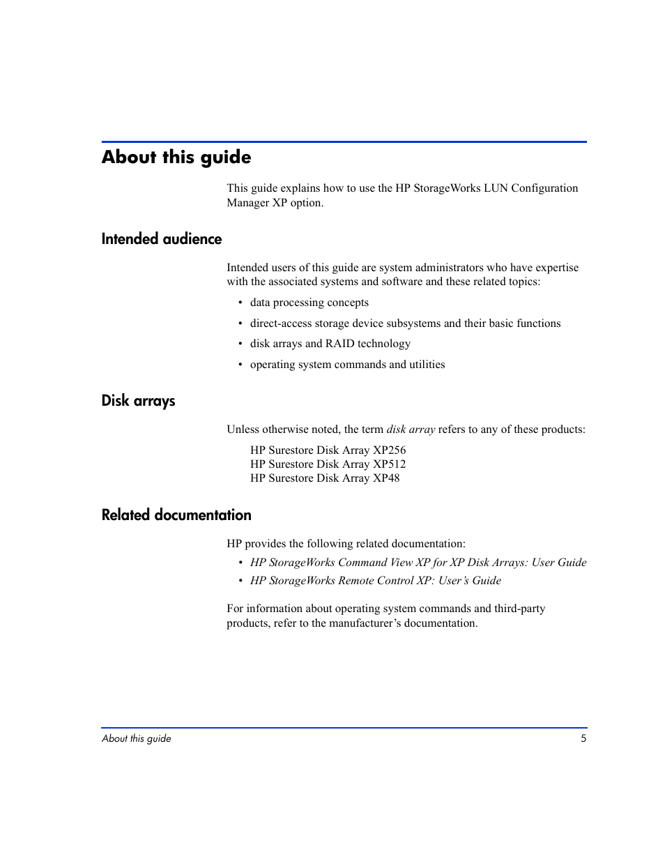 About this guide, About this guide 5 | HP LUN Configuration Manager XP Software User Manual | Page 5 / 144