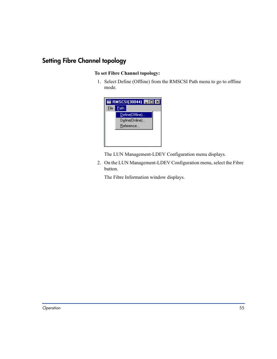 Setting fibre channel topology 55, Setting fibre channel topology | HP LUN Configuration Manager XP Software User Manual | Page 55 / 144