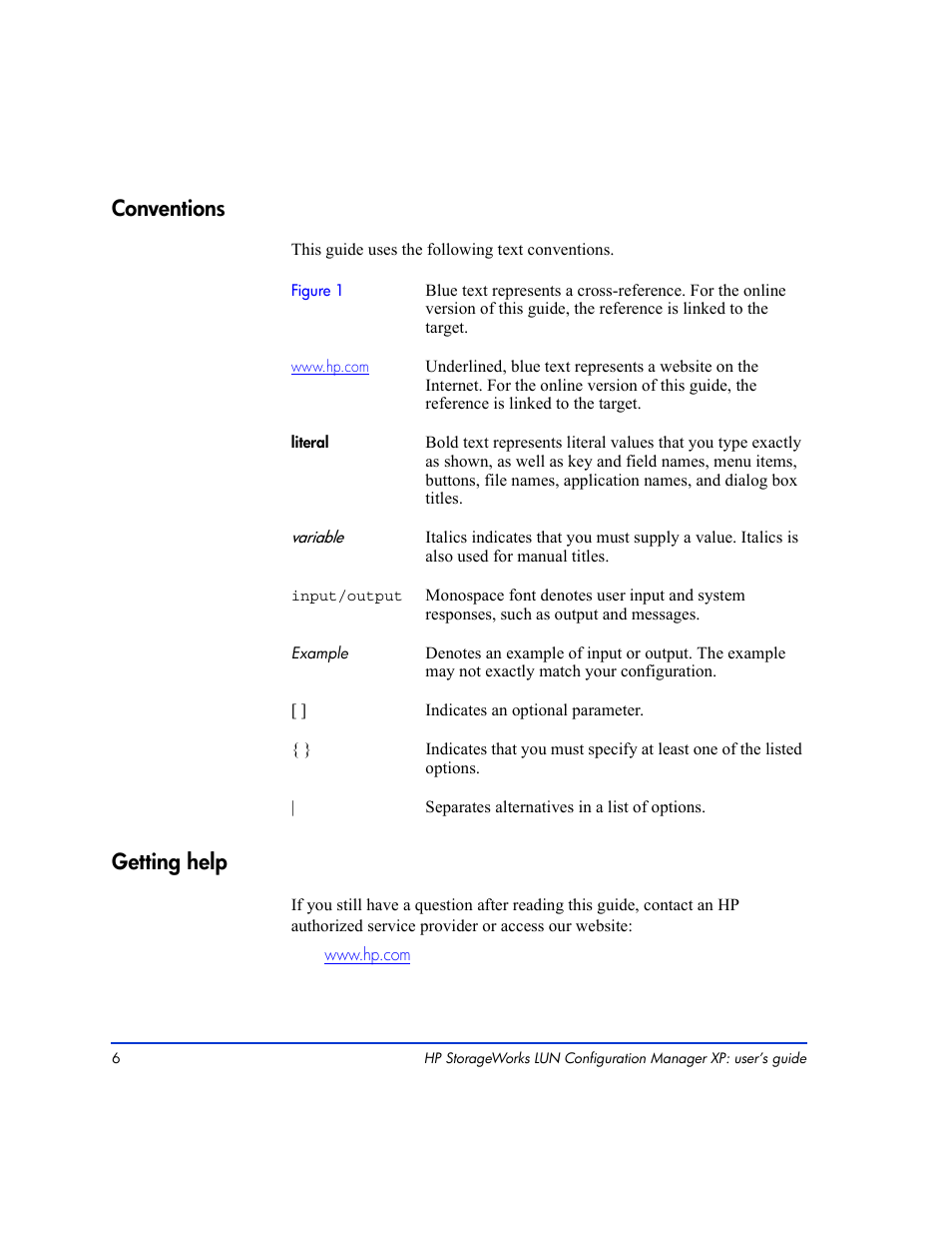 Conventions 6 getting help 6, Conventions, Getting help | HP LUN Configuration Manager XP Software User Manual | Page 6 / 144