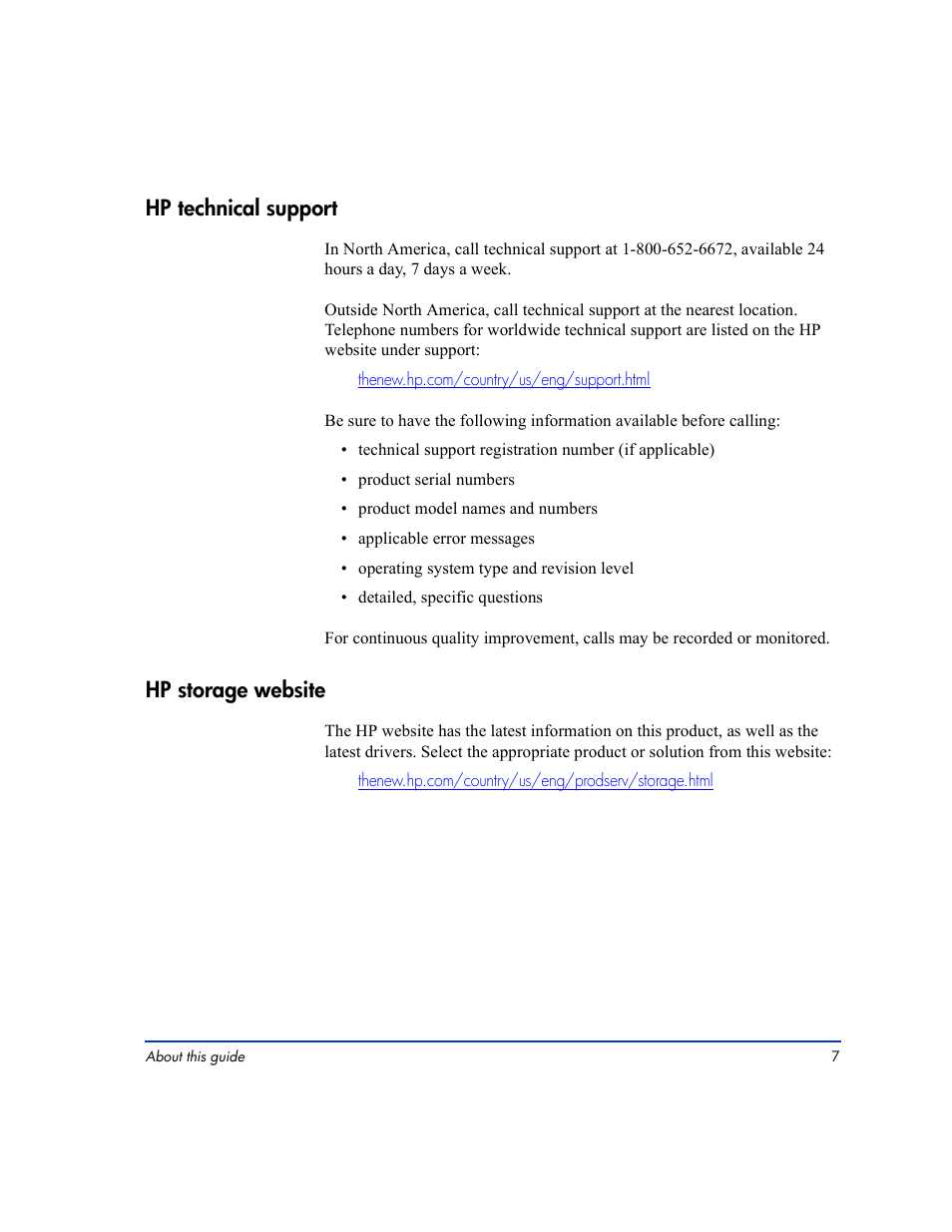 Hp technical support 7 hp storage website 7, Hp technical support, Hp storage website | HP LUN Configuration Manager XP Software User Manual | Page 7 / 144