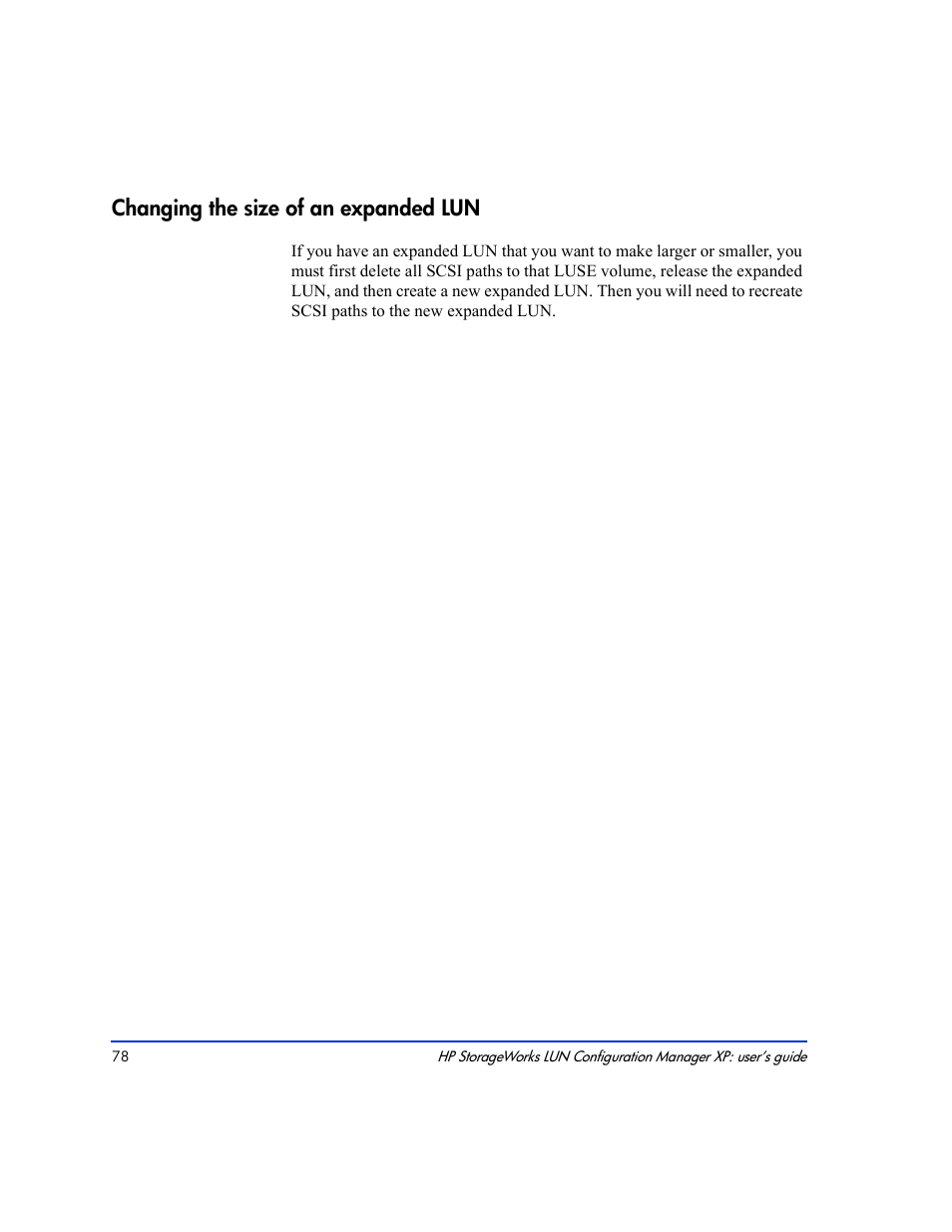 Changing the size of an expanded lun 78, Changing the size of an expanded lun | HP LUN Configuration Manager XP Software User Manual | Page 78 / 144
