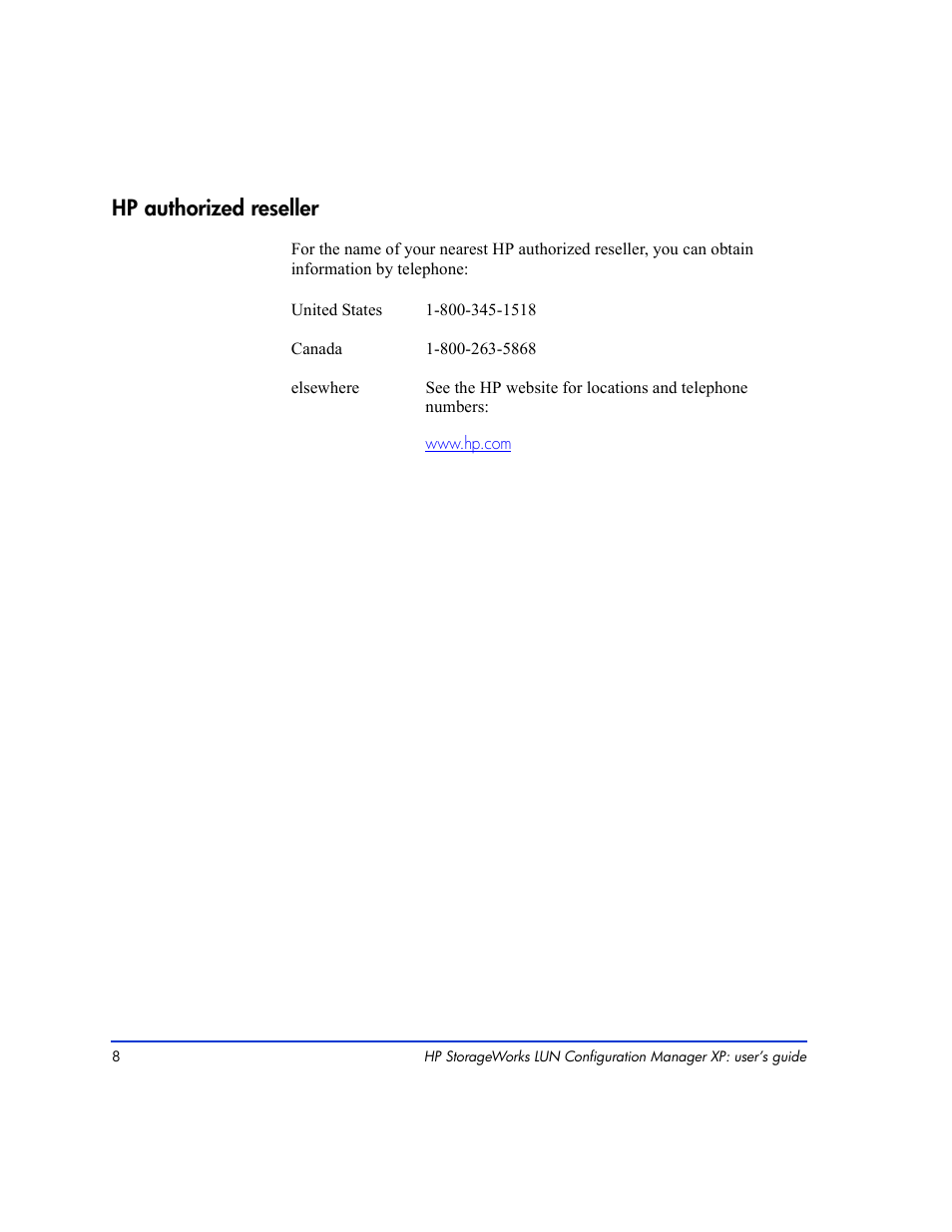 Hp authorized reseller 8, Hp authorized reseller | HP LUN Configuration Manager XP Software User Manual | Page 8 / 144