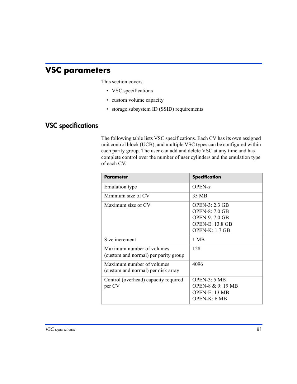 Vsc parameters, Vsc parameters 81, Vsc specifications 81 | Vsc specifications | HP LUN Configuration Manager XP Software User Manual | Page 81 / 144