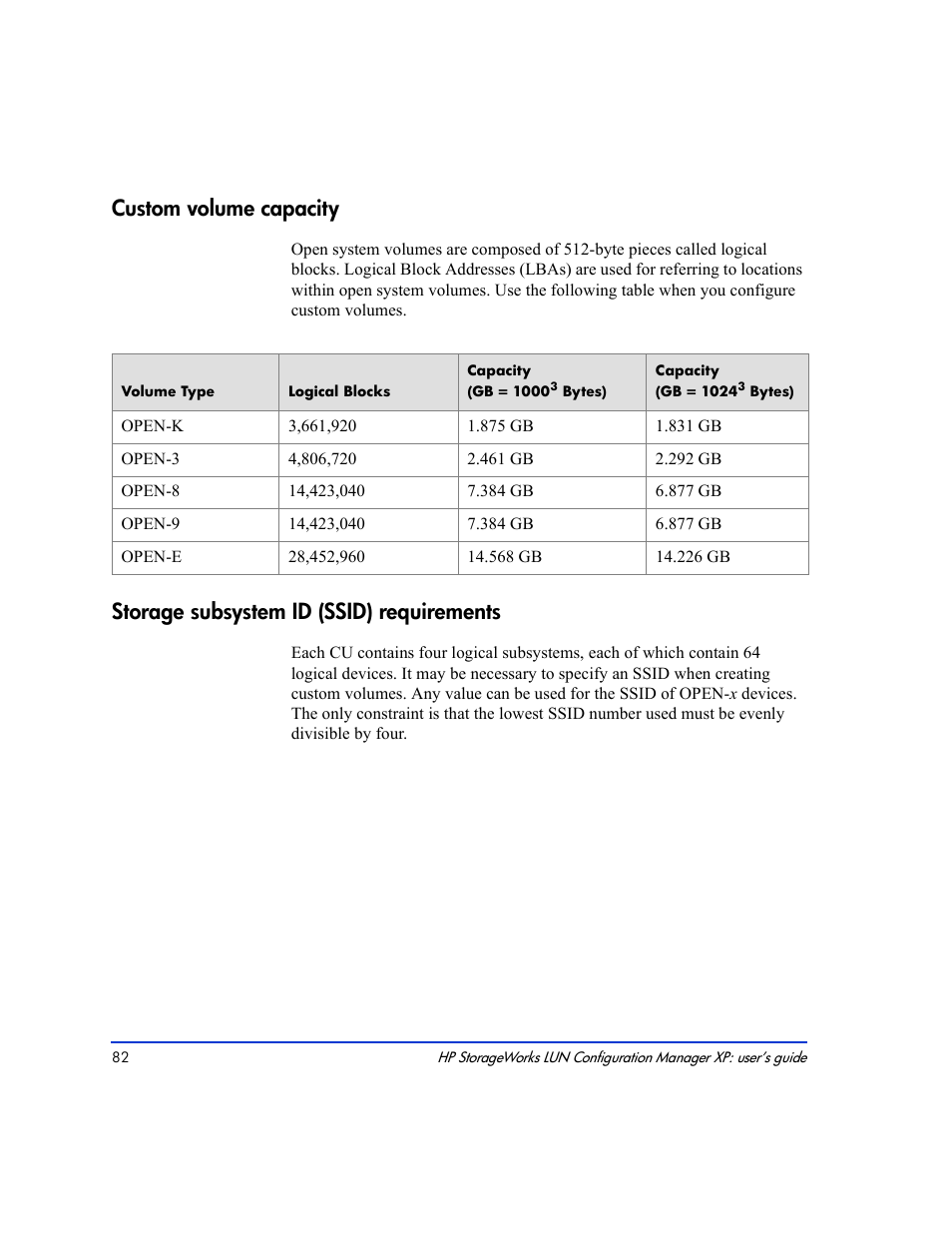 Custom volume capacity, Storage subsystem id (ssid) requirements | HP LUN Configuration Manager XP Software User Manual | Page 82 / 144