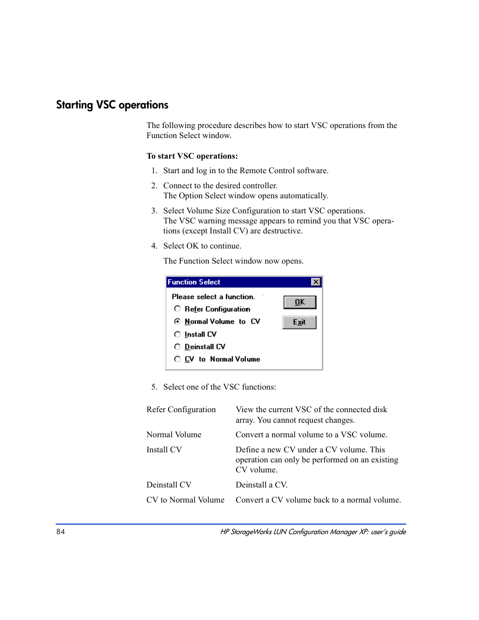 Starting vsc operations 84, Starting vsc operations | HP LUN Configuration Manager XP Software User Manual | Page 84 / 144
