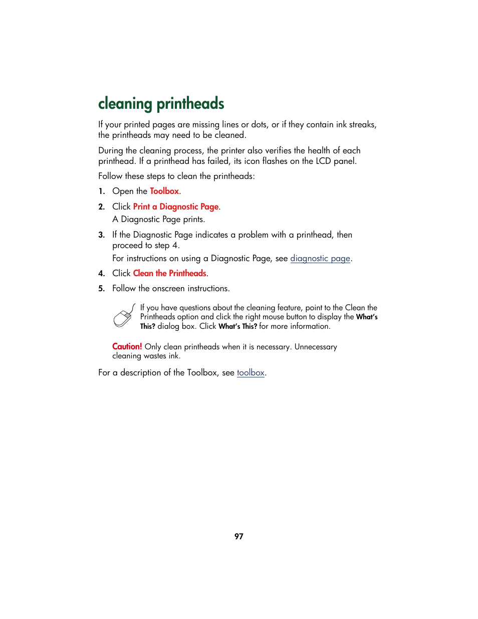 Cleaning printheads | HP Color Inkjet cp1160 Printer series User Manual | Page 105 / 213