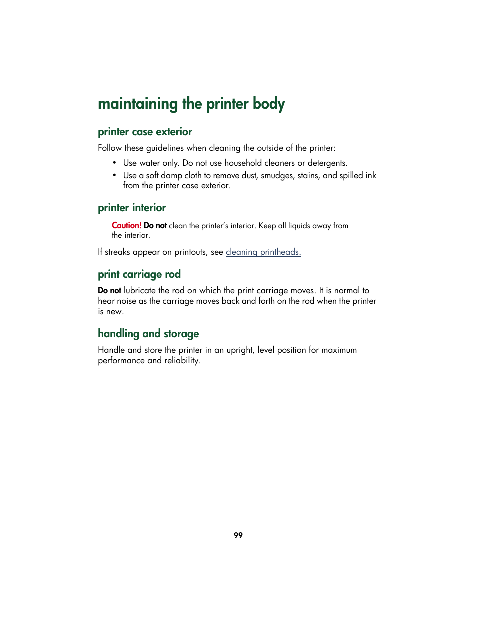 Maintaining the printer body, Printer case exterior, Printer interior | Print carriage rod, Handling and storage, Maintaining the printer | HP Color Inkjet cp1160 Printer series User Manual | Page 107 / 213