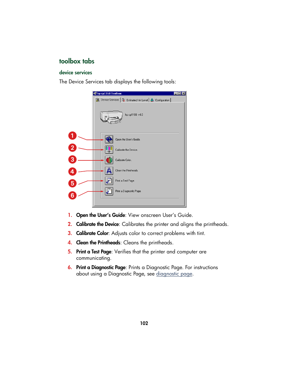 Toolbox tabs, Device services | HP Color Inkjet cp1160 Printer series User Manual | Page 110 / 213