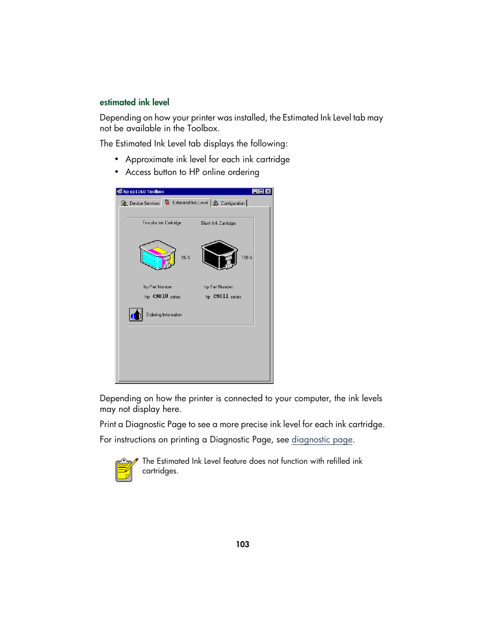 Estimated ink, Level | HP Color Inkjet cp1160 Printer series User Manual | Page 111 / 213