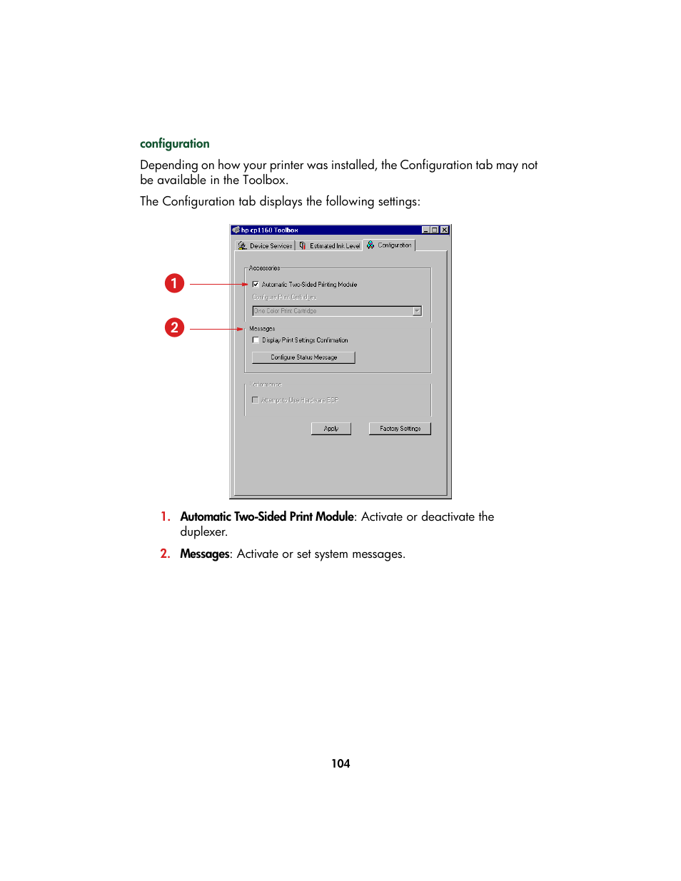 Configuration | HP Color Inkjet cp1160 Printer series User Manual | Page 112 / 213