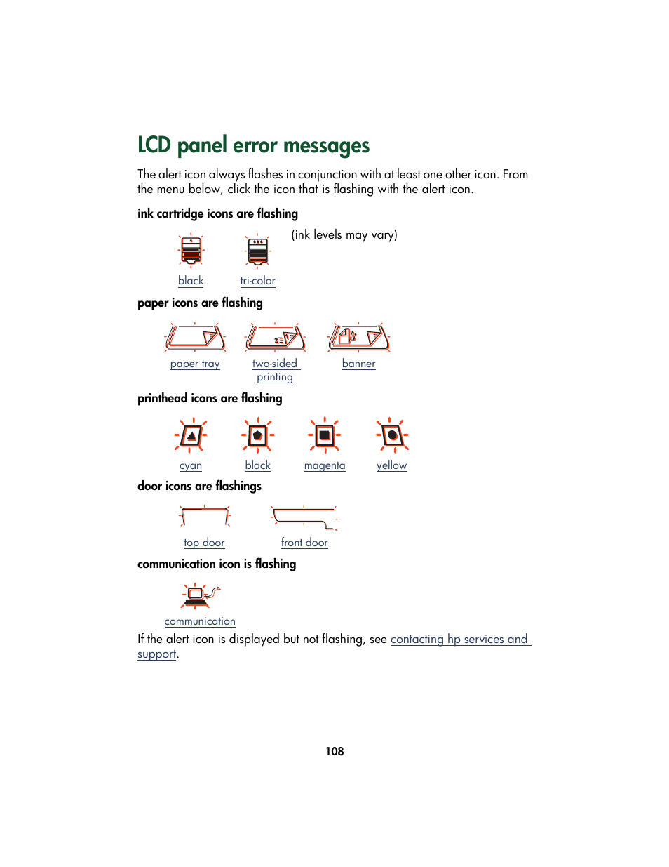 Lcd panel error messages, To interpret an err, Lcd panel error | Messages | HP Color Inkjet cp1160 Printer series User Manual | Page 116 / 213