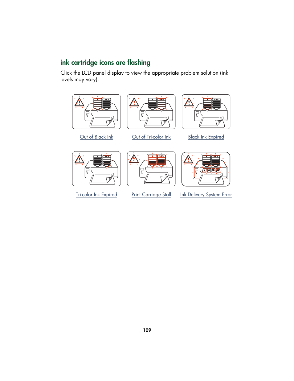 Ink cartridge icons are flashing, Black, Tri-color | HP Color Inkjet cp1160 Printer series User Manual | Page 117 / 213