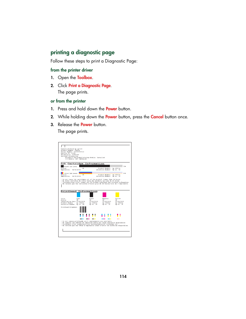 Printing a diagnostic page | HP Color Inkjet cp1160 Printer series User Manual | Page 122 / 213