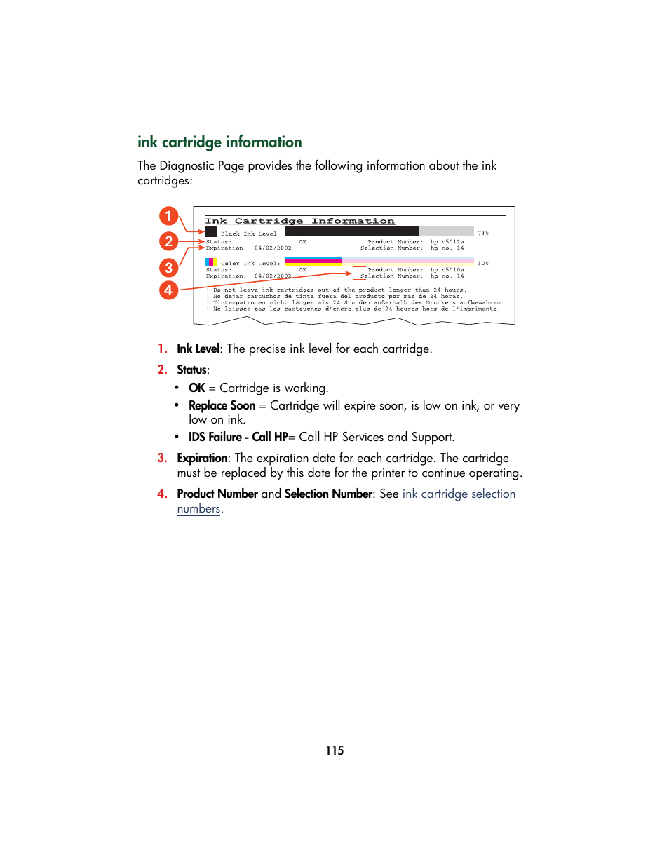 Ink cartridge information, ᕡᕢ ᕣ ᕤ | HP Color Inkjet cp1160 Printer series User Manual | Page 123 / 213