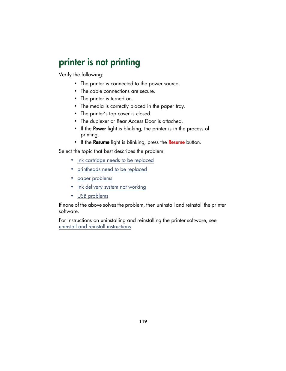 Printer is not printing, Printer | HP Color Inkjet cp1160 Printer series User Manual | Page 127 / 213