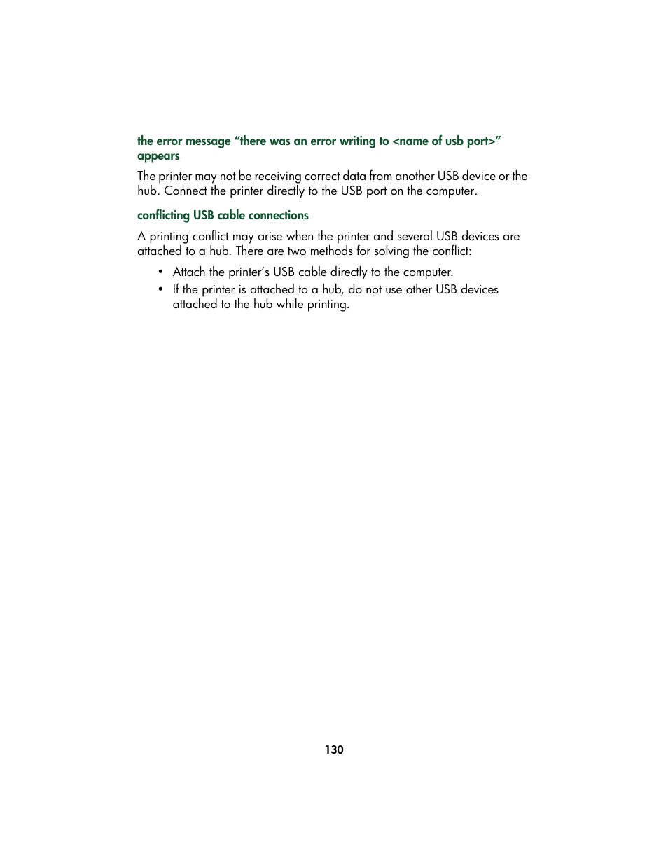 Port>” appears, Conflicting usb cable connections | HP Color Inkjet cp1160 Printer series User Manual | Page 138 / 213