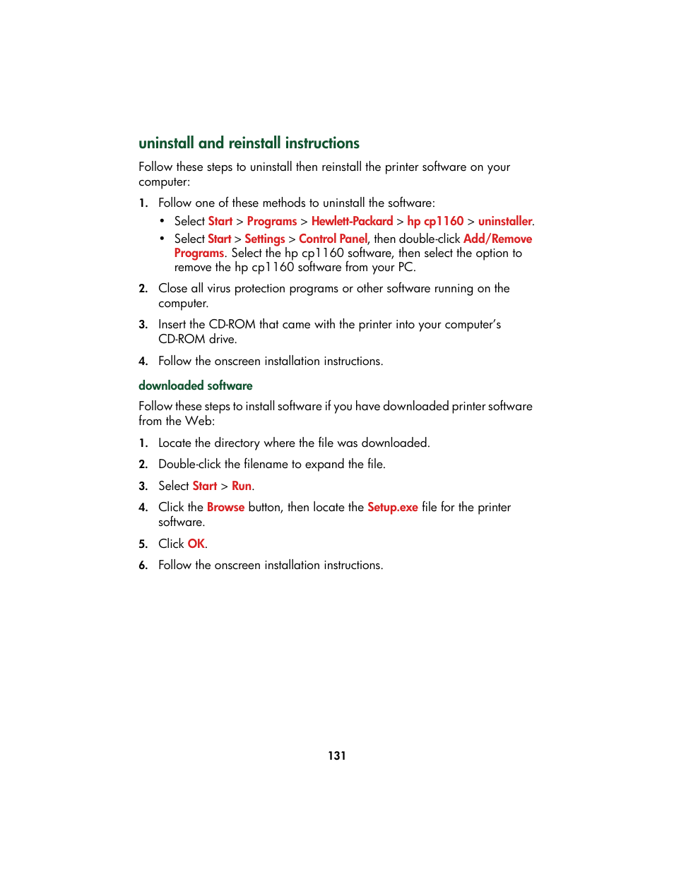 Uninstall and reinstall instructions | HP Color Inkjet cp1160 Printer series User Manual | Page 139 / 213