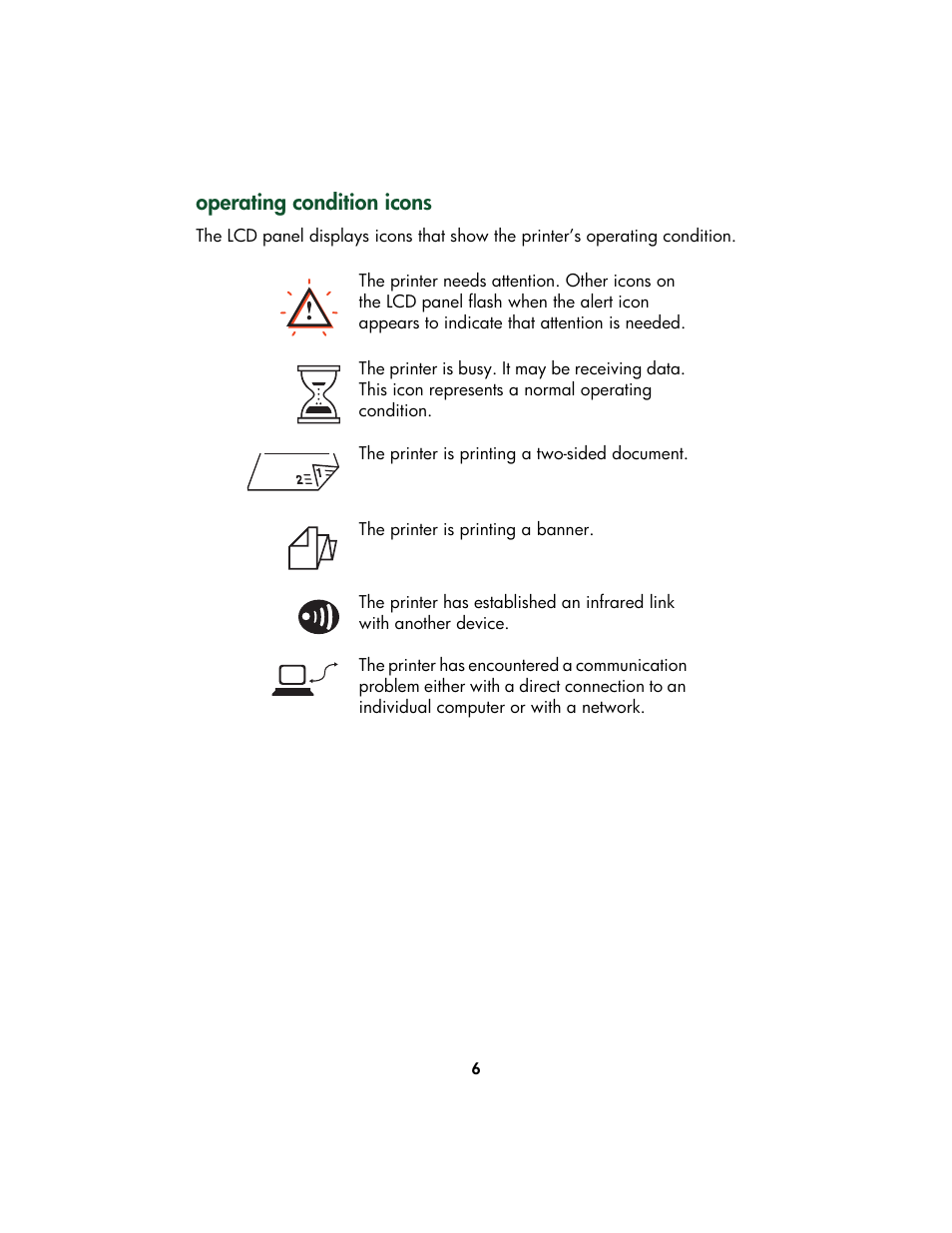 Operating condition icons | HP Color Inkjet cp1160 Printer series User Manual | Page 14 / 213