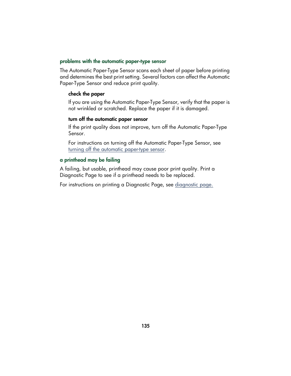 Check the paper, Turn off the automatic paper sensor, Problems with the automatic paper-type sensor | A printhead may be failing | HP Color Inkjet cp1160 Printer series User Manual | Page 143 / 213