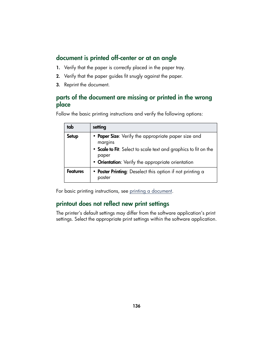 Document is printed off-center or at an angle, Printout does not reflect new print settings | HP Color Inkjet cp1160 Printer series User Manual | Page 144 / 213