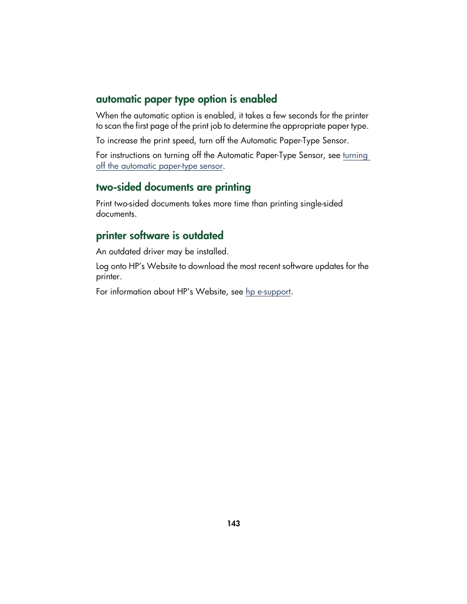 Automatic paper type option is enabled, Two-sided documents are printing, Printer software is outdated | HP Color Inkjet cp1160 Printer series User Manual | Page 151 / 213