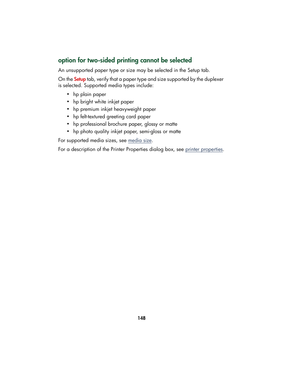 Option for two-sided printing cannot be selected | HP Color Inkjet cp1160 Printer series User Manual | Page 156 / 213