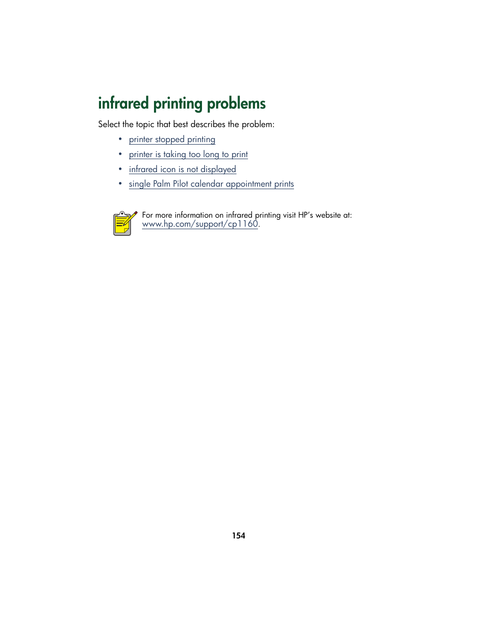 Infrared printing problems, Infrared printer feature | HP Color Inkjet cp1160 Printer series User Manual | Page 162 / 213