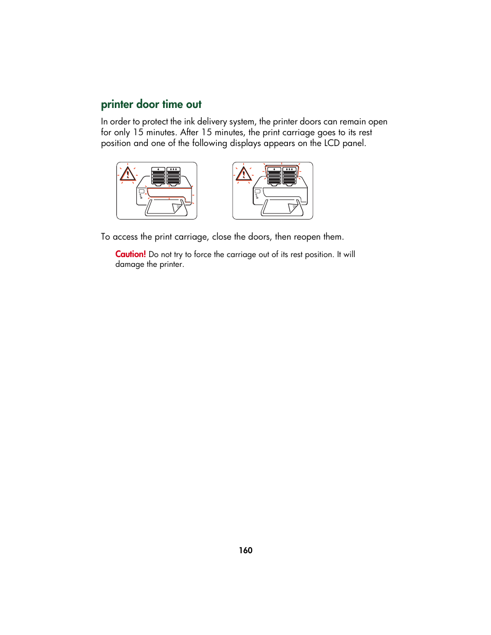 Printer door time out, Top door, Front door | HP Color Inkjet cp1160 Printer series User Manual | Page 168 / 213