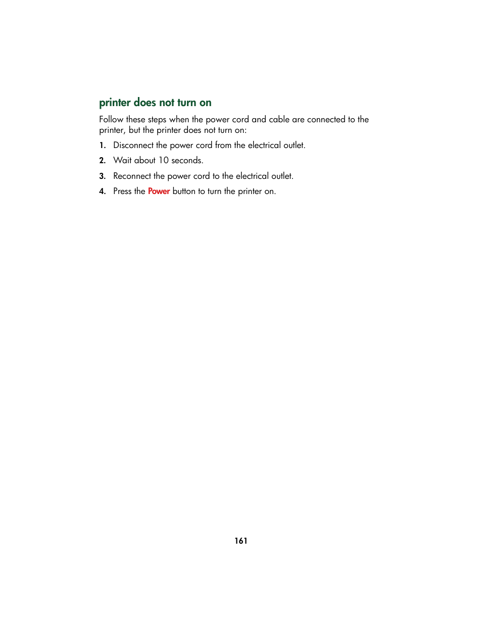 Printer does not turn on, Power button | HP Color Inkjet cp1160 Printer series User Manual | Page 169 / 213