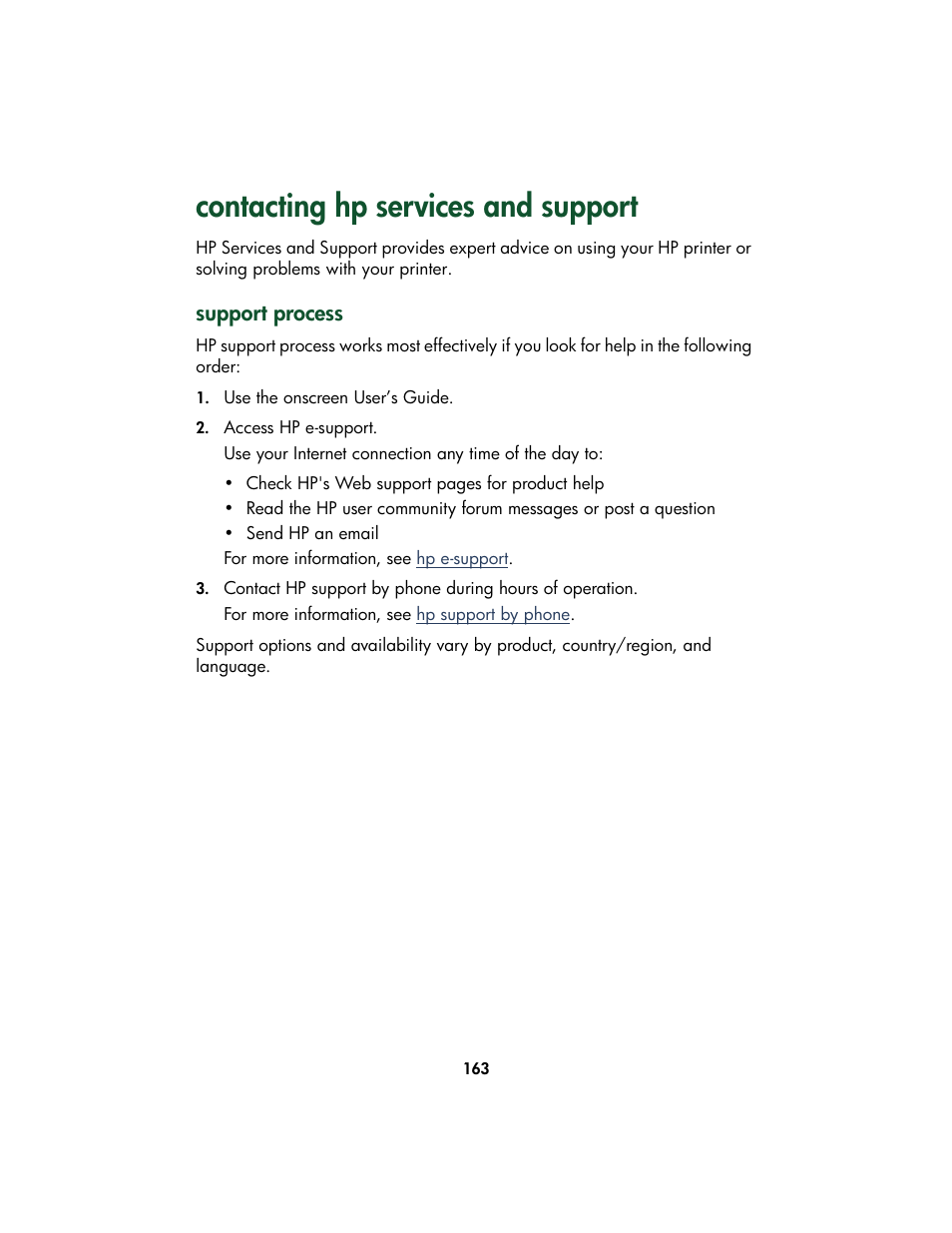 Contacting hp services and support, Support process, Icon is displayed but not flashing, see | Contacting hp services and, Support, Contacting hp, Services and support, Problems with the printer, see, Contacting hp services, And support | HP Color Inkjet cp1160 Printer series User Manual | Page 171 / 213