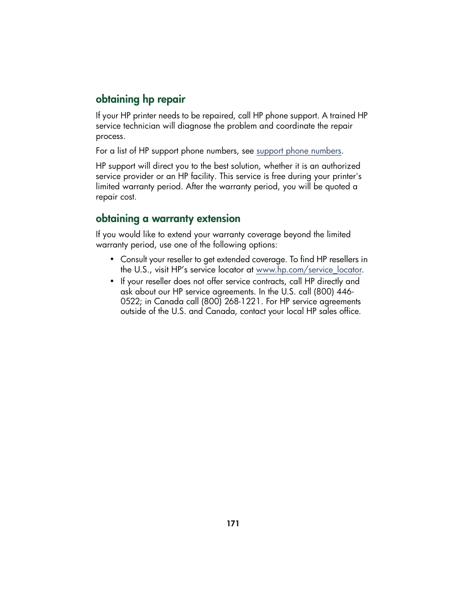 Obtaining hp repair, Obtaining a warranty extension | HP Color Inkjet cp1160 Printer series User Manual | Page 179 / 213