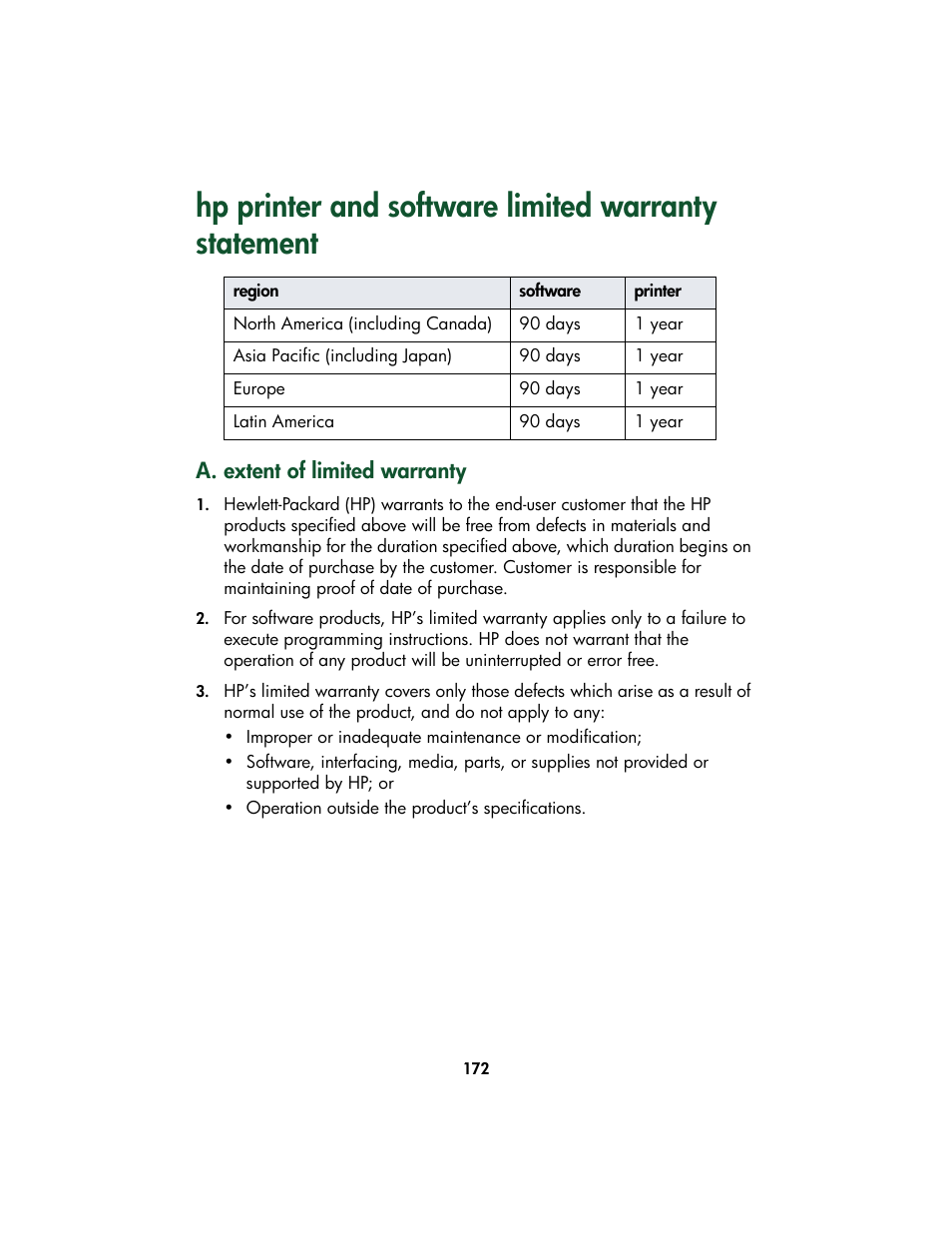 Hp printer and software limited warranty statement, A. extent of limited warranty | HP Color Inkjet cp1160 Printer series User Manual | Page 180 / 213