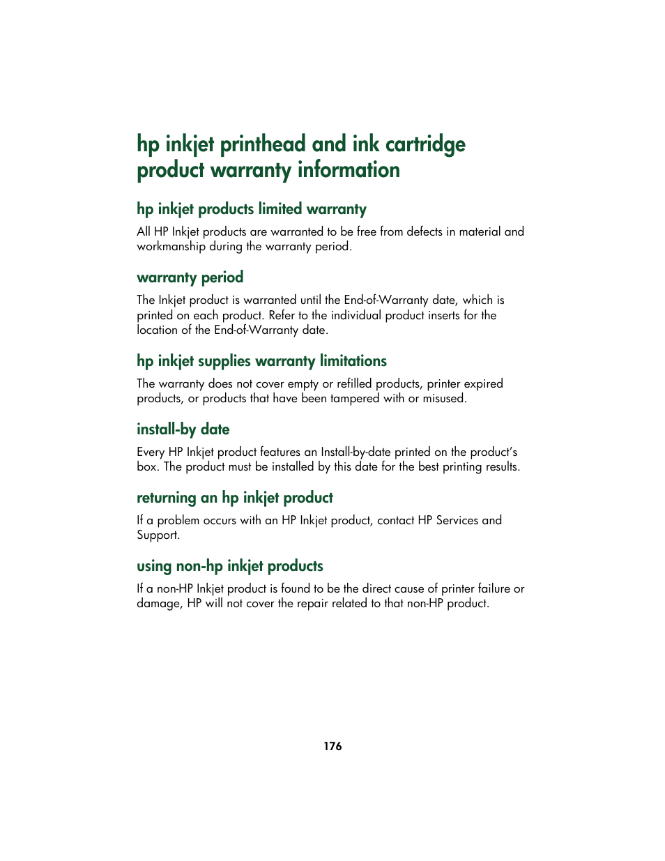 Hp inkjet products limited warranty, Warranty period, Hp inkjet supplies warranty limitations | Install-by date, Returning an hp inkjet product, Using non-hp inkjet products | HP Color Inkjet cp1160 Printer series User Manual | Page 184 / 213